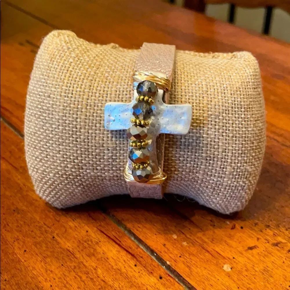 Leather Cross Bracelet with Silver, Gold and Beads